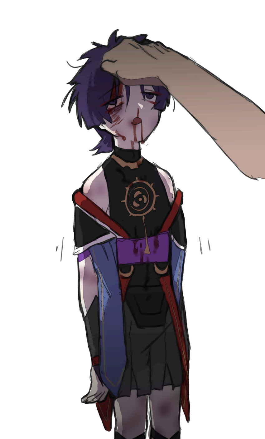 1boy absurdres abuse beaten blood blood_from_mouth blood_on_clothes blood_on_face blouse blue_eyes blue_hair bruise collared_shirt detached_sleeves empty_eyes fowlr genshin_impact held_up highres injury japanese_clothes jitome male_focus messy_hair obi open_mouth ryona sanpaku sash scaramouche_(genshin_impact) shirt sleeveless sleeveless_shirt solo tagme