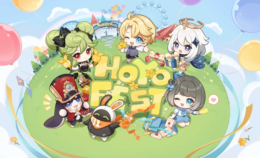 1boy 2others 3girls :d ;d absurdres ai-chan_(honkai_impact) ai_hyperion_lambda aqua_eyes balloon bangboo_(zenless_zone_zero) black_eyes black_scarf blonde_hair blue_bow blue_eyes blue_serafuku blue_skirt blue_sky blush bow chibi circus closed_mouth cloud cloudy_sky commentary company_connection davis_(tears_of_themis) double_bun dress english_commentary ferris_wheel flower full_body genshin_impact gift grass green_hair grey_hair hair_bow hair_bun halo heart highres holding holding_flower holding_gift homu_(honkai_impact) honkai:_star_rail honkai_(series) honkai_impact_3rd long_hair looking_at_viewer mail mihoyo multiple_girls multiple_others n0va_desktop official_art one_eye_closed open_mouth orange_eyes outdoors paimon_(genshin_impact) pom-pom_(honkai:_star_rail) scarf school_uniform serafuku shirt skirt sky smile spoken_heart tears_of_themis white_dress white_hair white_shirt yoyo_lumi zenless_zone_zero