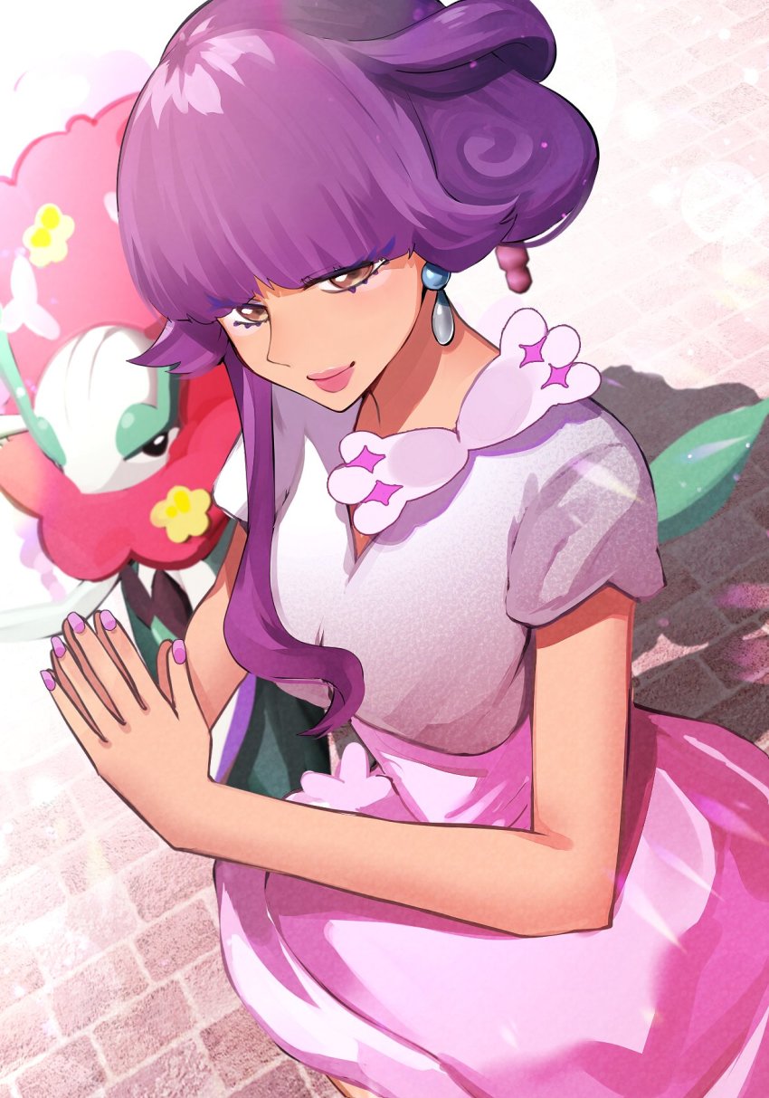1girl brown_eyes earrings eyelashes florges florges_(red_flower) flower gen_6_pokemon highres jewelry looking_at_viewer nail_polish nintendo outdoors pokemon pokemon_(creature) pokemon_sv purple_hair purple_nails smile tsumikitsuki_(katsuobushi) tulip_(pokemon)