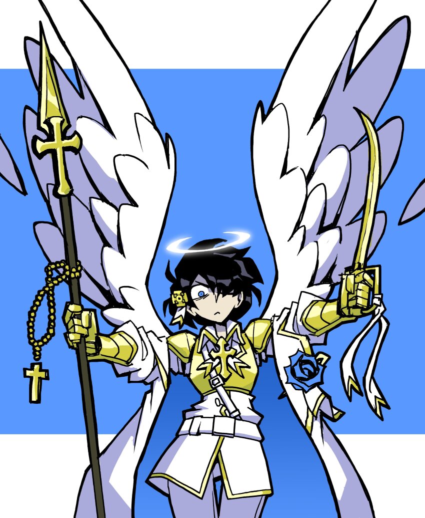 1girl absurdres angel_wings archangel_(helltaker) black_hair blue_eyes coat cross cross_necklace dual_wielding halo helltaker highres holding holding_polearm holding_sword holding_weapon jewelry long_coat necklace no_headwear polearm scimitar solo spear sword vanripper weapon white_coat wings