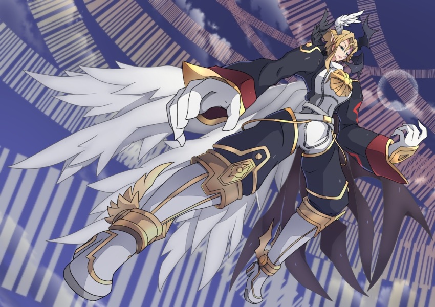 belt blonde_hair digimon digimon_(creature) looking_at_viewer lucemon_falldown_mode muscular muscular_male wings