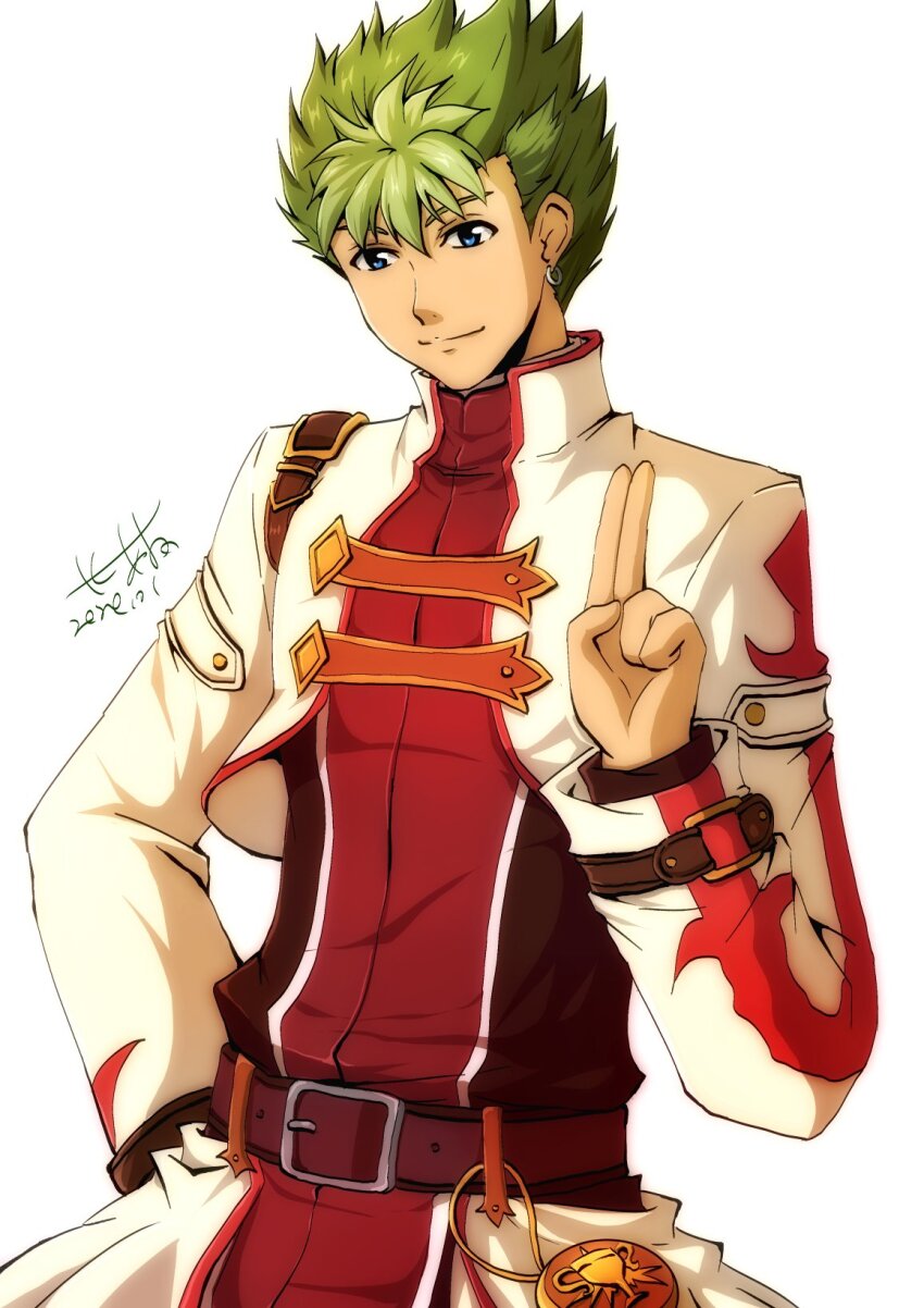 1boy akane_kazami belt blue_eyes cropped_jacket dated earrings eiyuu_densetsu green_hair hair_between_eyes highres jewelry kevin_graham multicolored_hair pointing pointing_up signature simple_background smile solo sora_no_kiseki spiked_hair two-tone_hair white_background