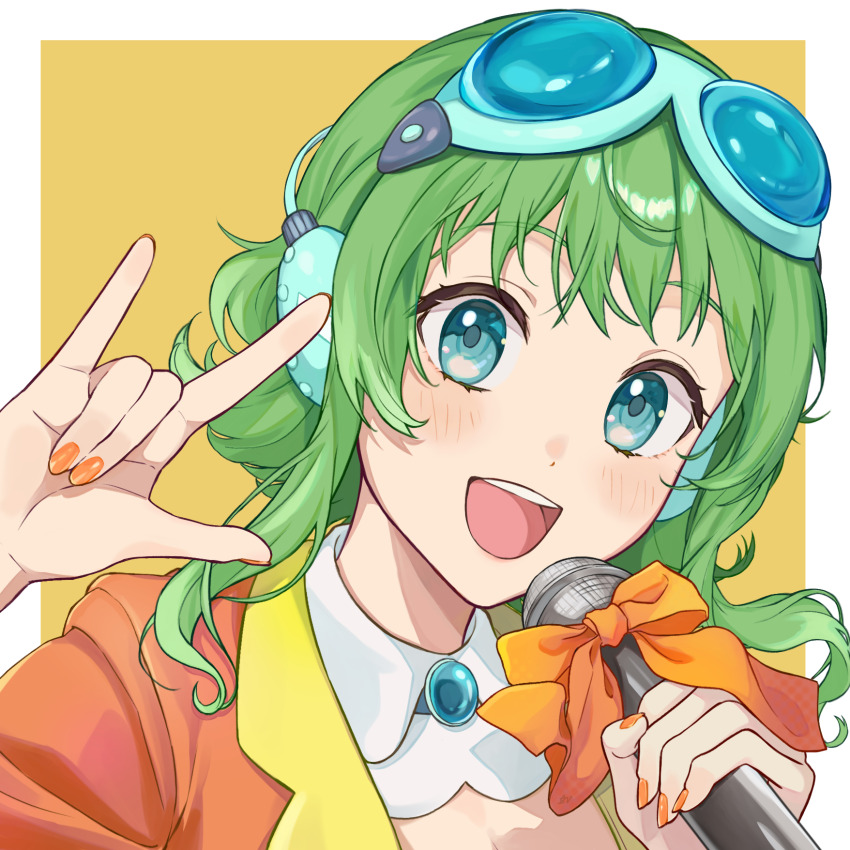 1girl \m/ aqua_brooch aqua_eyes aqua_goggles aqua_headphones blush book_the_star border bow brooch collar commentary_request detached_collar flipped_hair goggles goggles_on_head green_skirt gumi gumi_(ai_megpoid) gumi_(sv) hands_up headphones highres holding holding_microphone jacket jewelry looking_at_viewer medium_hair microphone nail_polish open_clothes open_jacket open_mouth orange_background orange_bow orange_jacket orange_nails outside_border portrait seikan_hikou sidelocks skirt smile solo synthesizer_v teeth upper_teeth_only vocaloid white_border white_collar wing_collar