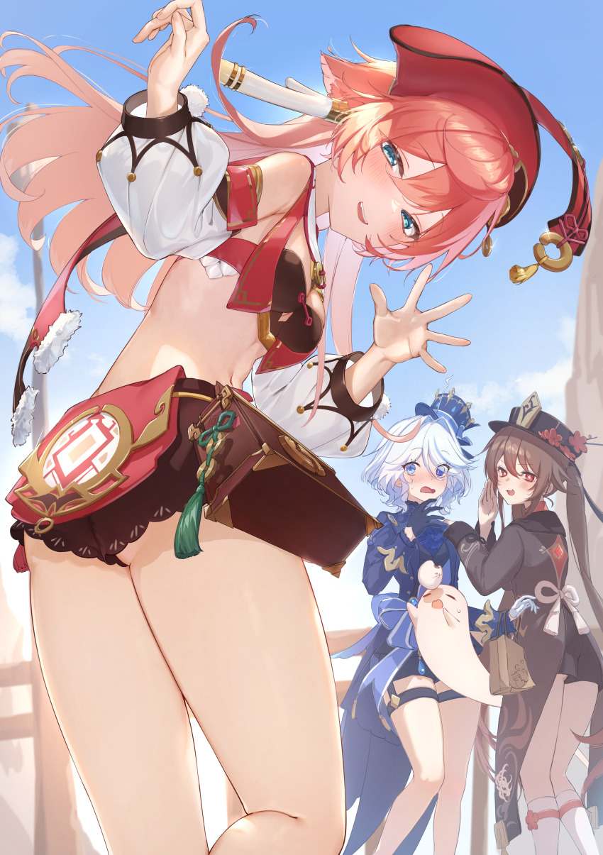 3girls absurdres antlers ass black_bloomers black_bra black_coat black_hat black_shorts bloomers blue_eyes blue_hair blue_hat blue_jacket blue_shorts blush boo_tao_(genshin_impact) bra breasts brown_hair coat coattails crop_top detached_sleeves flat_ass flower flower-shaped_pupils from_below furina_(genshin_impact) genshin_impact ghost green_eyes hair_between_eyes hat hat_flower heterochromia highres horns hu_tao_(genshin_impact) imasaki_kei jacket light_blue_hair long_hair long_sleeves looking_at_viewer midriff mismatched_pupils multiple_girls navel open_mouth outdoors pink_hair plum_blossoms porkpie_hat puffy_detached_sleeves puffy_sleeves red_eyes red_hat scales shorts small_breasts smile symbol-shaped_pupils thighs top_hat underbutt underwear waist_bag waving white_sleeves xiezhi_guan yanfei_(genshin_impact)