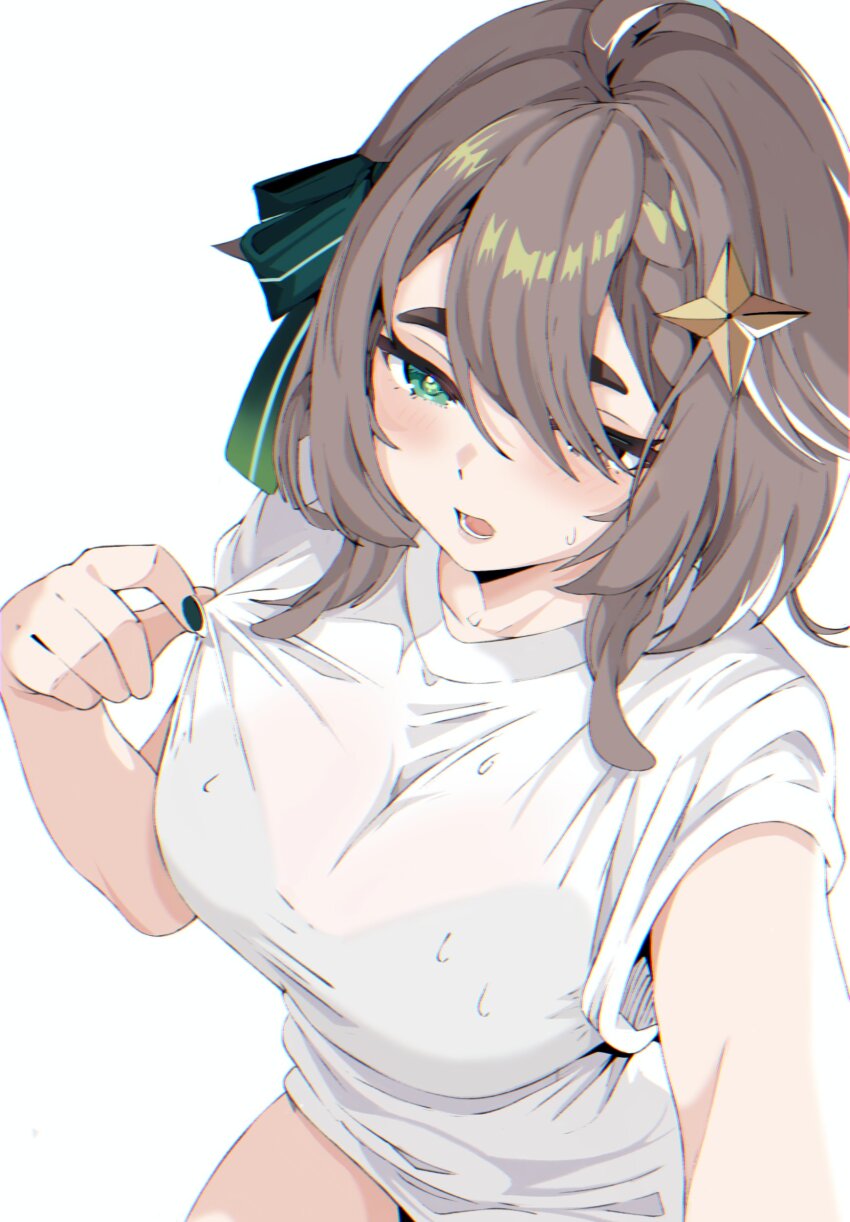1girl absurdres ahoge black_nails blush bow bra_visible_through_clothes braid brown_eyes brown_hair collar_tug commentary_request cross-shaped_pupils green_bow green_eyes hair_between_eyes hair_bow hair_flaps hair_ornament half-closed_eyes heterochromia highres indie_virtual_youtuber medium_hair meica_(vtuber) mismatched_pupils open_mouth selfie shirt simple_background single_braid spanish_commentary sprout-shaped_pupils star_(symbol) star_hair_ornament sweat symbol-shaped_pupils tzeencth_(artist) virtual_youtuber white_background white_shirt
