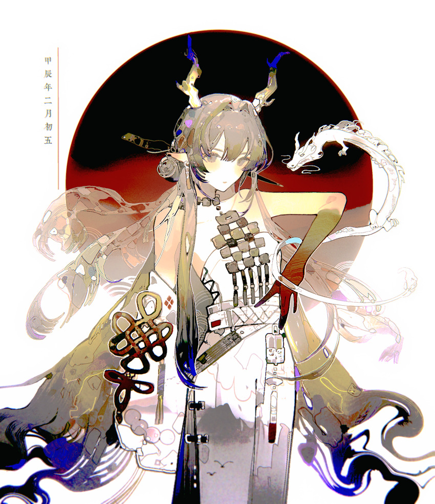1girl arknights bare_shoulders belt black_skin blonde_hair blue_hair blue_horns blunt_bangs breasts brown_eyes chinese_commentary chinese_text circle colored_skin colored_tips commentary_request cowboy_shot crossed_belts detached_sleeves dragon dragon_horns eastern_dragon expressionless fingernails fziiiii gradient_horns gradient_skin grey_belt hair_ornament hairpin highres horns long_hair long_sleeves looking_at_viewer multicolored_hair multicolored_horns pants parted_lips pointy_ears shirt shu_(arknights) simple_background single_detached_sleeve sleeves_past_fingers sleeves_past_wrists small_breasts smoke solo strapless strapless_shirt two-tone_belt very_long_hair white_background white_belt white_pants white_shirt white_sleeves wide_sleeves yellow_horns