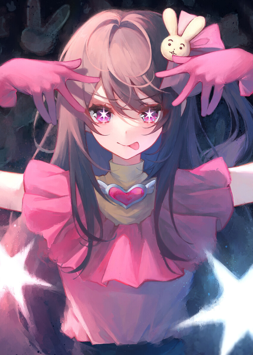 1girl :p absurdres brown_hair gloves highres hoshino_ai idol ijac_ray long_hair looking_at_viewer oshi_no_ko pink_gloves solo star-shaped_pupils star_(symbol) symbol-shaped_pupils tongue tongue_out