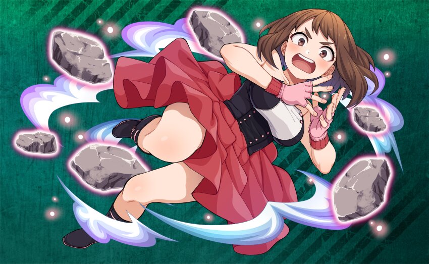 1girl absurdres black_boots black_dress boku_no_hero_academia boots brown_eyes brown_hair dress fingerless_gloves floating floating_object floating_rock geokinesis gloves highres kobaji levitation multicolored_dress open_mouth pink_gloves red_dress rock solo uraraka_ochako white_dress