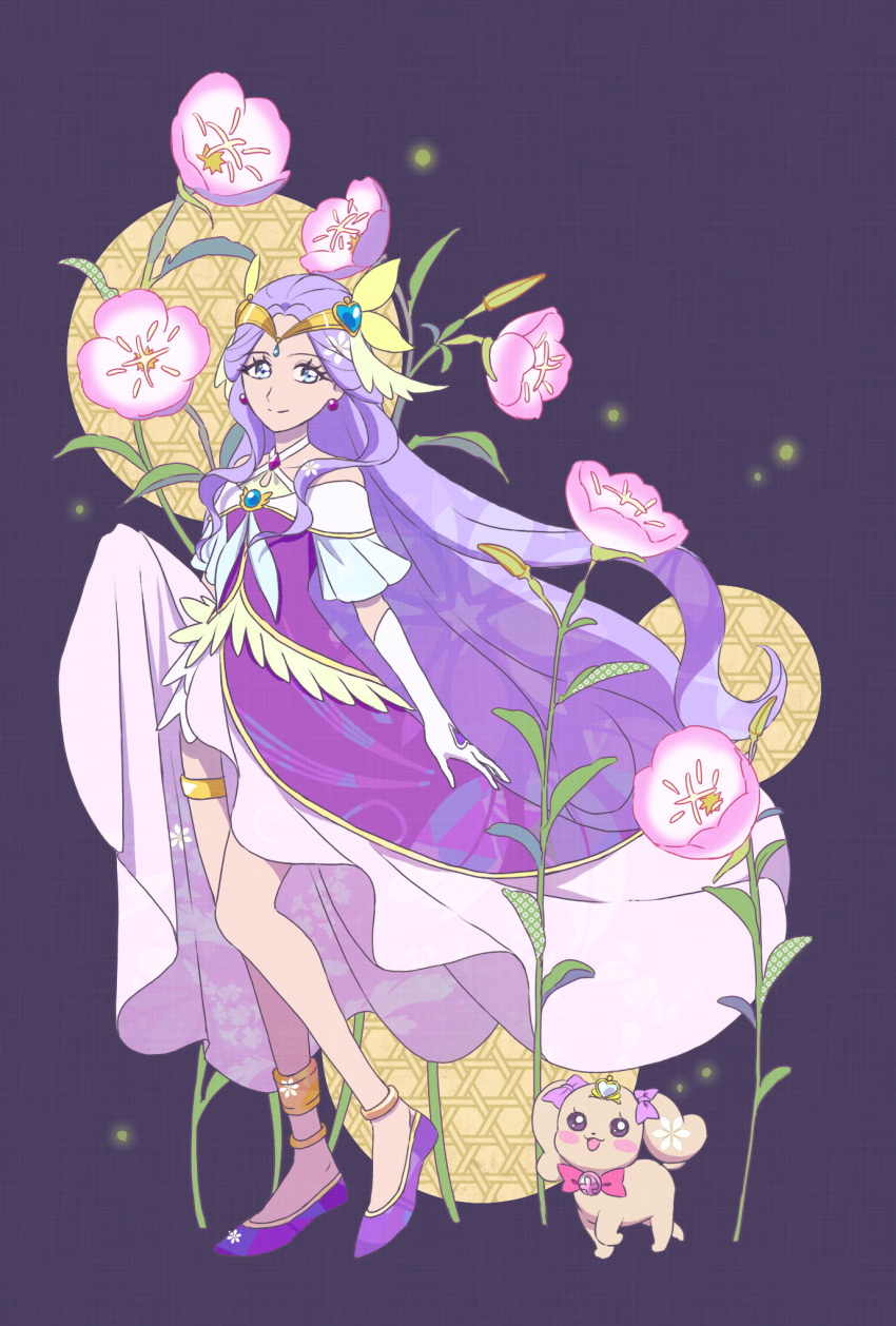 1girl anklet bare_legs blue_eyes circlet closed_mouth creature cure_earth dog dress earrings elbow_gloves flower full_body fuurin_asumi gloves hair_ornament hair_ribbon healin&#039;_good_precure healing_animal heart heart_hair_ornament highres jewelry latte_(precure) long_hair looking_at_viewer magical_girl pink_flower precure purple_background purple_dress purple_hair purple_theme ribbon shoes simple_background skirt_hold smile split_mouth strawberrylove2525 thighlet very_long_hair white_gloves yellow_ribbon