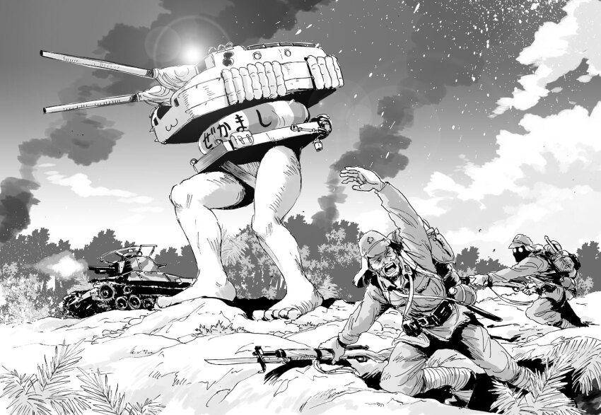 2boys :3 arisaka arm_up bare_legs barefoot battle bayonet beard belt_pouch bolt_action commentary_request facial_hair firing greyscale gun hat holding holding_gun holding_weapon imperial_japanese_army jacket kantai_collection legs lens_flare lifebuoy matsuda_juukou military_hat military_uniform military_vehicle monochrome motor_vehicle multiple_boys open_mouth outdoors pants pouch puttee rensouhou-chan rifle smoke swim_ring tank teeth translation_request type_97_chi-ha weapon world_war_ii