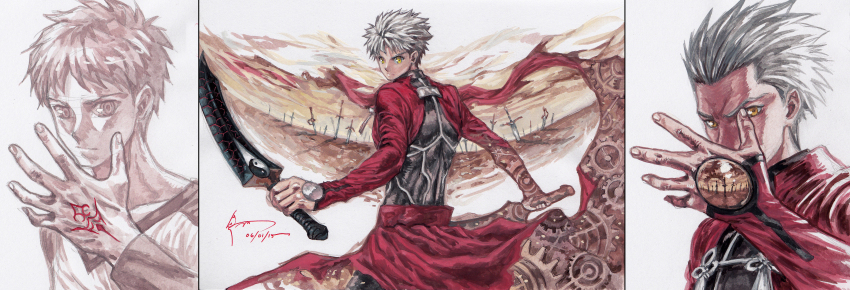 absurdres archer_(fate) command_spell dominic_ian_cabatit dual_wielding emiya_shirou fate/stay_night fate_(series) field_of_blades frown gears grey_hair hand_up highres holding long_sleeves looking_at_viewer male_focus multiple_views red_sleeves short_hair spiked_hair unlimited_blade_works_(reality_marble) v-shaped_eyebrows waist_cape