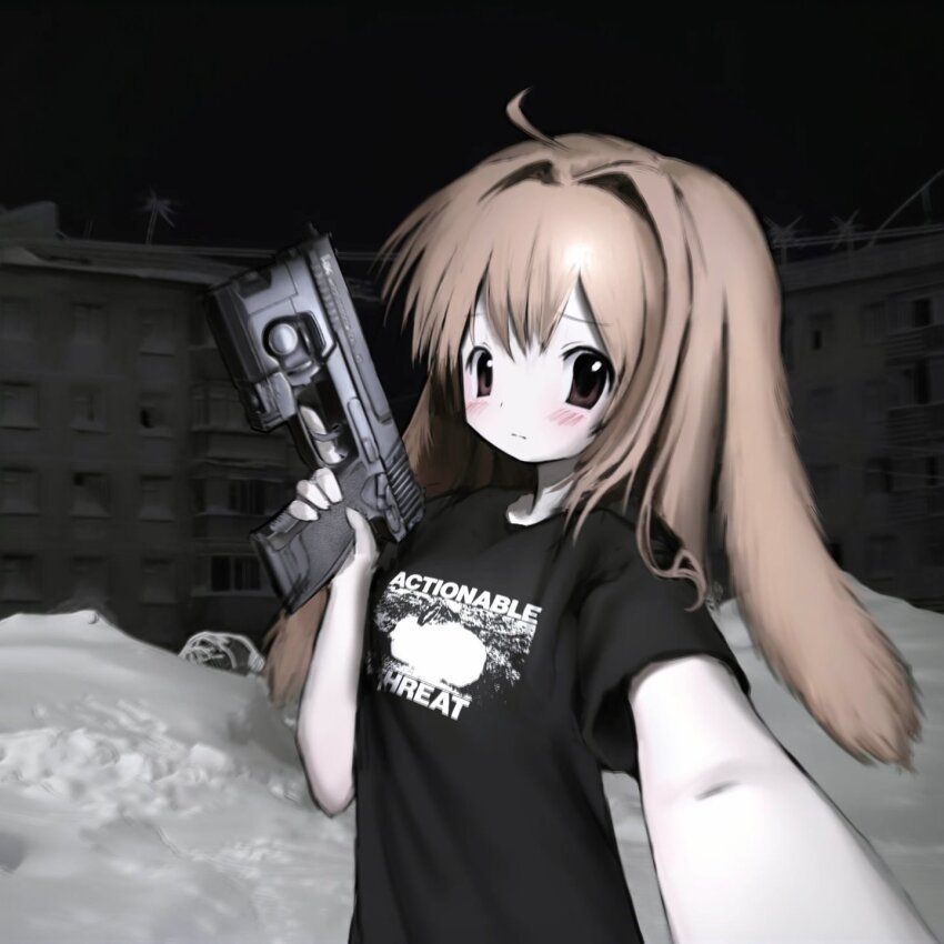 1girl ahoge black_shirt blush brown_eyes brown_hair city closed_mouth clothes_writing commission gun hair_intakes highres holding holding_gun holding_weapon long_hair night original outdoors print_shirt selfie shirt snow solo t-shirt weapon yue1ia