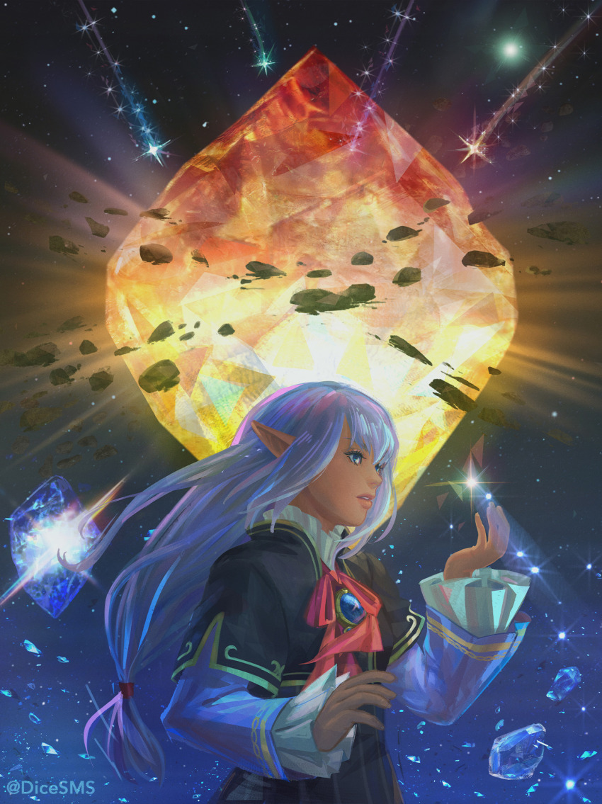1girl blue_eyes blue_gemstone commentary commission crystal dark-skinned_female dark_skin dicesms elf elvaan english_commentary final_fantasy final_fantasy_xi gem highres long_hair long_sleeves low-tied_long_hair neck_ribbon official_art parted_lips pointy_ears prishe purple_hair red_ribbon ribbon solo twitter_username