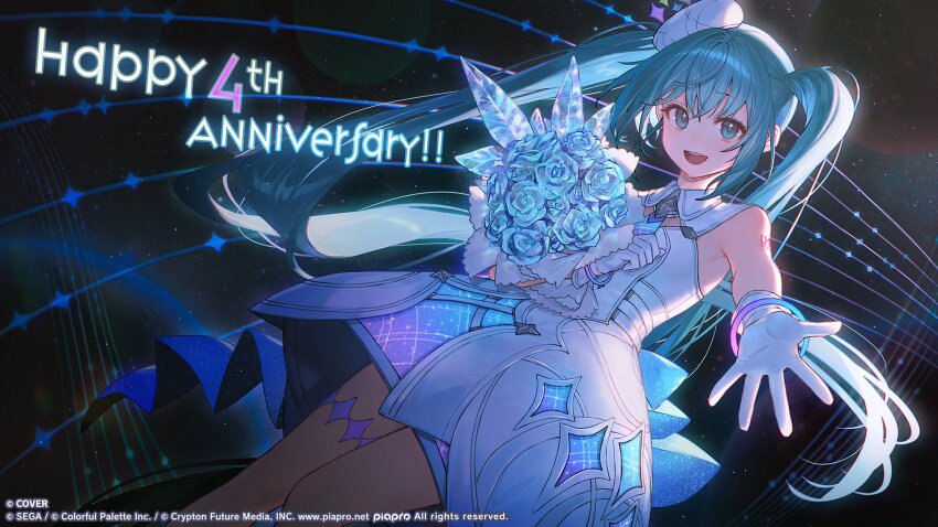 1girl :d aqua_eyes aqua_hair beret bouquet collared_dress commentary dress english_commentary flower gloves hat hatsune_miku highres holding holding_bouquet long_hair looking_at_viewer musical_staff necktie ninomae_ina&#039;nis_(artist) official_alternate_costume official_art open_mouth project_sekai reaching reaching_towards_viewer second-party_source short_dress sleeveless sleeveless_dress smile solo teeth thigh_strap tilted_headwear twintails upper_teeth_only very_long_hair vocaloid white_dress white_gloves white_hat