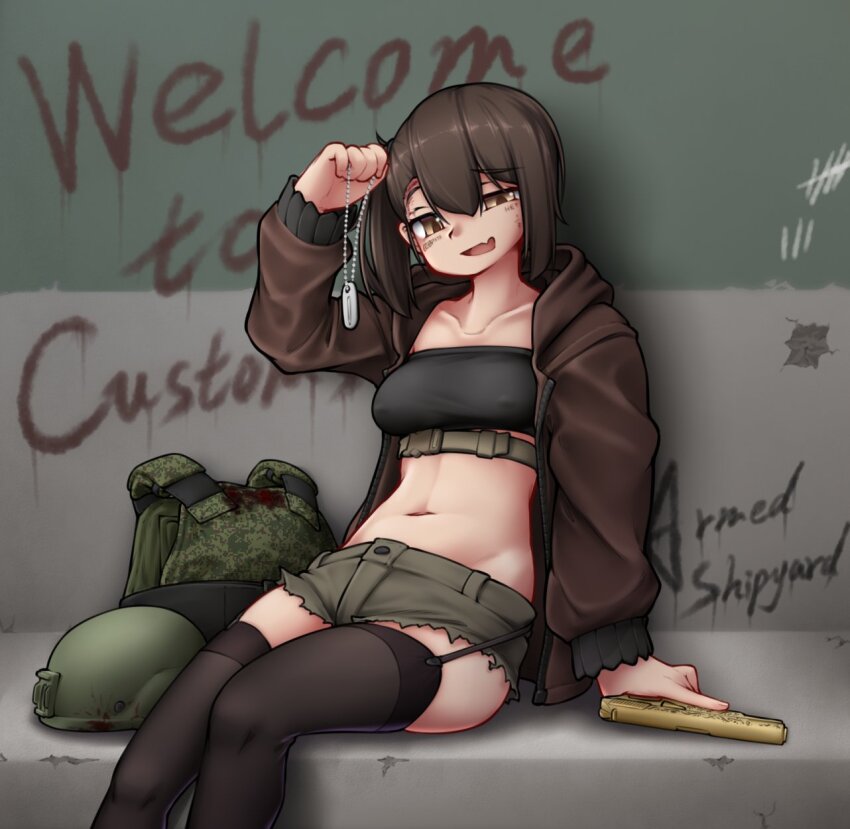 1girl armedshipyard covered_erect_nipples dog_tags escape_from_tarkov gun handgun highres holding_dog_tags jacket midriff non-web_source open_clothes open_jacket original short_shorts shorts tagme weapon
