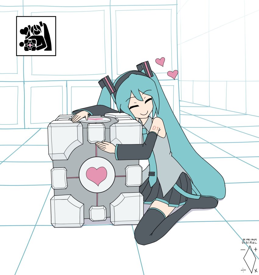 1girl aperture_science_weighted_companion_cube aqua_hair aqua_necktie artist_logo artist_name black_footwear black_skirt black_sleeves boots closed_eyes collared_shirt commentary dated detached_sleeves digiral english_commentary grey_shirt hair_ornament hatsune_miku headphones heart highres logo long_hair long_sleeves miniskirt necktie number_tattoo on_ground pleated_skirt portal_(series) shirt sitting skirt sleeveless sleeveless_shirt smile tattoo thigh_boots twintails very_long_hair vocaloid