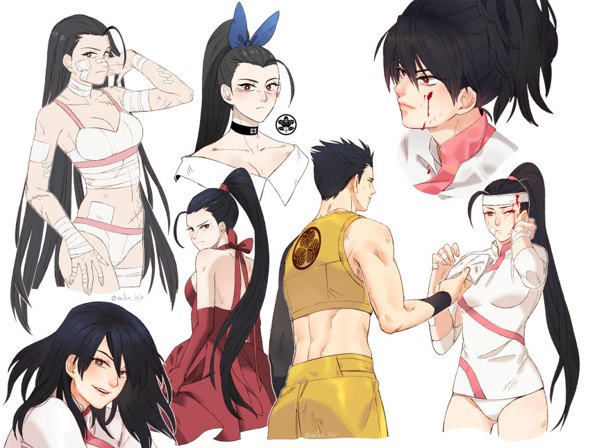 1boy 1girl :&lt; :d backless_dress backless_outfit bandage_on_face bandaged_neck bandages bandaid bandaid_on_face bandaid_on_nose bare_shoulders black_choker black_hair blood blood_on_face blush bra bright_pupils brown_eyes choker dress frown giving highres ii_naotora_(sengoku_basara) khirzava long_hair looking_at_object looking_at_viewer multiple_views official_alternate_hairstyle open_mouth panties red_dress red_eyes sengoku_basara short_hair smile tokugawa_ieyasu_(sengoku_basara) underwear white_pupils