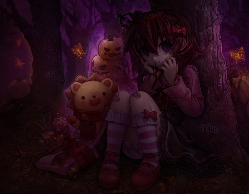 1girl bandaid bandaid_on_knee bandaid_on_leg beatrice_(umineko) blood blood_on_face blood_on_hands bloomers bow brown_hair bug butterfly candy crown dark dress food forest frilled_socks frills hair_bow halloween headband highres insect long_sleeves looking_at_viewer mushroom nature pentagram pumpkin purple_eyes red_footwear sakutarou_(umineko) sitting smile socks stuffed_animal stuffed_lion stuffed_toy umineko_no_naku_koro_ni underwear ushiromiya_maria v1v404 white_bloomers