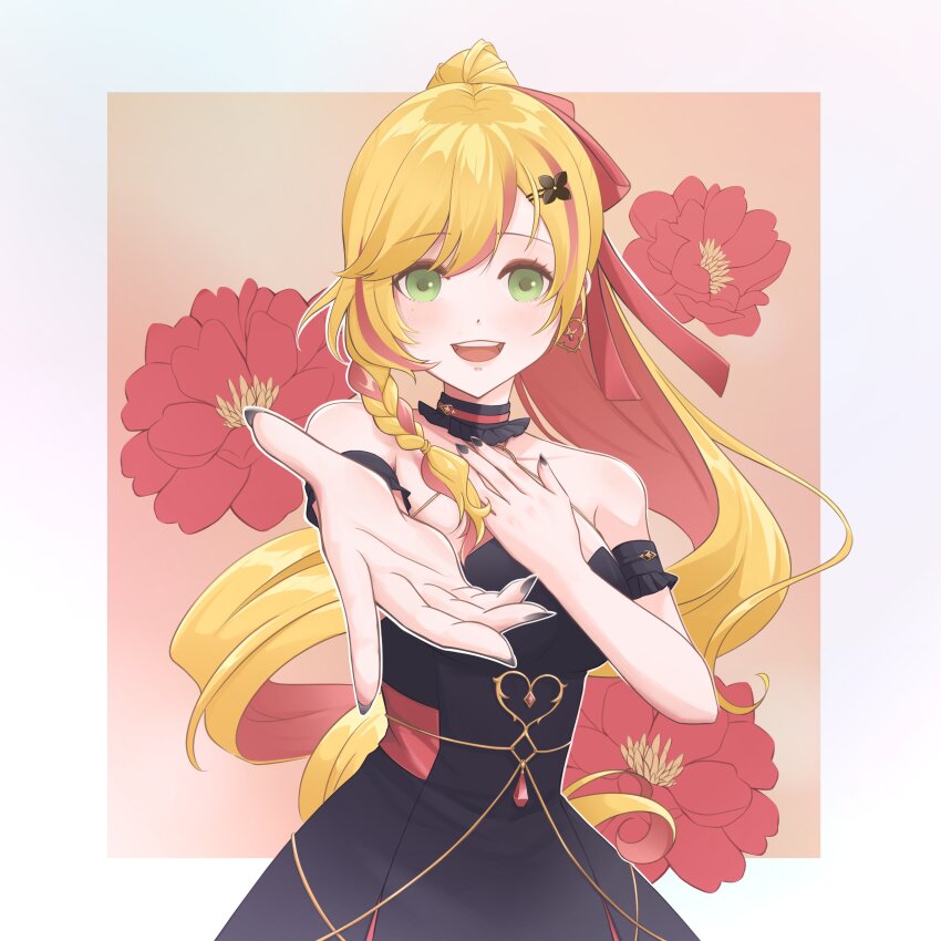 1girl absurdres bare_shoulders black_nails blonde_hair blush braid breasts dress earrings erunrin flower green_eyes hair_ornament hairclip hand_on_own_chest high_ponytail highres jewelry large_breasts long_hair looking_at_viewer nijisanji nijisanji_kr open_mouth outstretched_hand ponytail reaching reaching_towards_viewer seffyna sleeveless sleeveless_dress solo very_long_hair virtual_youtuber