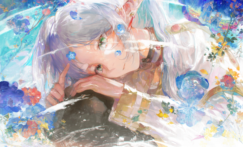 1girl absurdres blue_flower capelet closed_mouth daylightallure earrings elf falling_petals floating_earring flower frieren green_eyes hair_flower hair_ornament head_tilt highres himmel_(sousou_no_frieren) jewelry leaning_on_object long_sleeves looking_at_viewer lying parted_bangs petals pointing pointy_ears red_flower remembering rock solo sousou_no_frieren teardrop_earrings twintails white_capelet white_hair yellow_flower