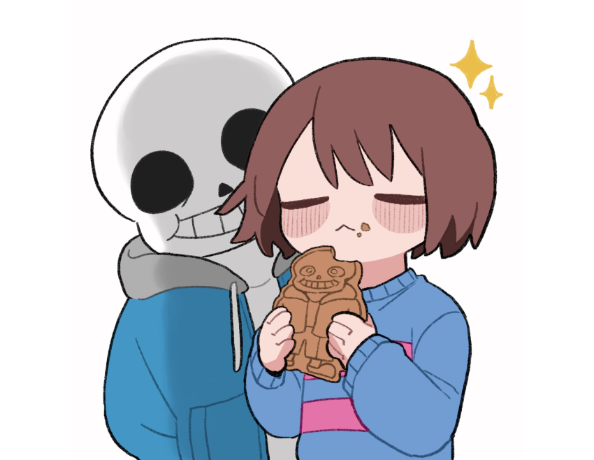 1boy 1other blue_jacket blue_sweater blush_stickers brown_hair character_cookie chibi child closed_eyes collared_sweater cookie double_horizontal_stripe eating food frisk_(undertale) highres holding holding_cookie holding_food jacket long_sleeves open_clothes open_jacket sans_(undertale) simple_background sweater tadeno undertale upper_body white_background