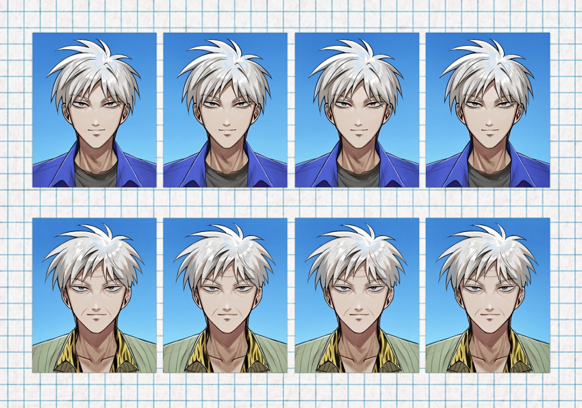 1boy age_progression akagi:_yami_ni_oritatta_tensai akagi_shigeru animal_print black_shirt blue_shirt closed_mouth commentary_request fukumoto_mahjong green_jacket grey_eyes grey_hair highres jacket looking_at_viewer male_focus niwatori_panda old old_man print_shirt shirt short_hair smile ten_(manga) tiger_print undershirt upper_body