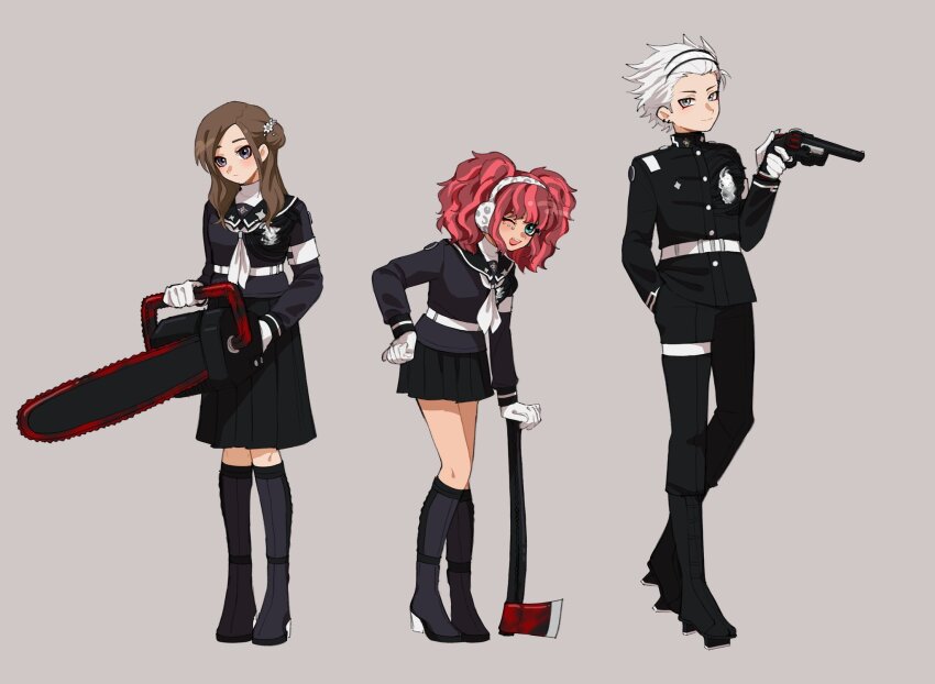 1boy 2girls alternate_costume armpits axe bent_over black_boots black_pants black_shirt black_skirt blue_eyes boots brother_and_sister brown_hair chainsaw creator_connection crossover full_body gloves grey_background grey_eyes gun highres holding holding_axe holding_chainsaw holding_gun holding_revolver holding_weapon kurashiki_akane kyokugen_dasshutsu kyokugen_dasshutsu:_9_jikan_9_nin_9_no_tobira last_defense_academy_school_uniform long_hair looking_at_viewer multiple_girls one_eye_closed open_mouth pants pink_hair pleated_skirt purple_eyes santa_(kyokugen_dasshutsu) shirt siblings simple_background skirt standing the_hundred_line_-last_defense_academy- twintails weapon white_gloves white_hair wink yotsuba_(kyokugen_dasshutsu) zero_(misamxsa08)