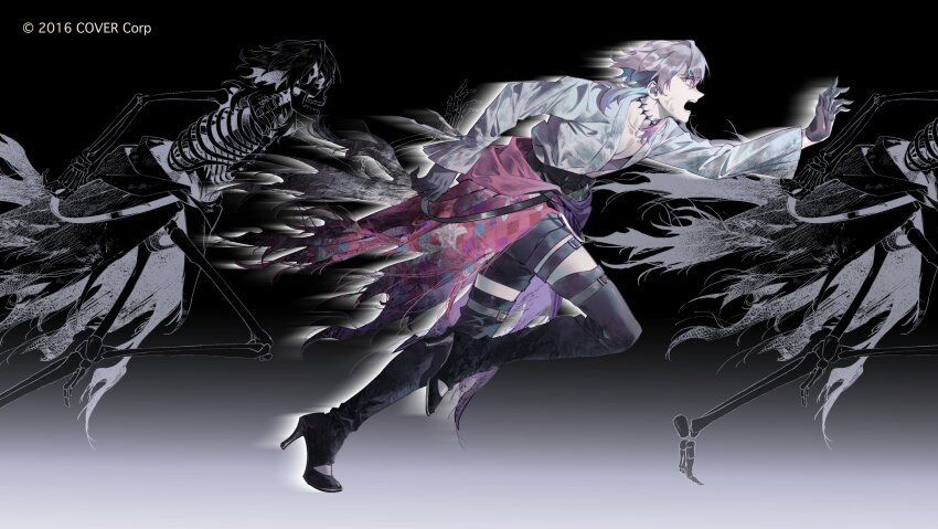 1boy black_shorts boots coat collarbone commentary copyright_notice dark_background diamond_choker english_commentary floral_print from_side full_body gavis_bettel gavis_bettel_(1st_costume) gradient_background hair_between_eyes high_heel_boots high_heels highres holostars holostars_english jerry_(gavis_bettel) lily_print long_sleeves lynnear male_focus multicolored_coat multicolored_hair pale_skin profile reaching running scared shirt shorts skeleton thigh_boots torn_clothes virtual_youtuber white_shirt wide-eyed