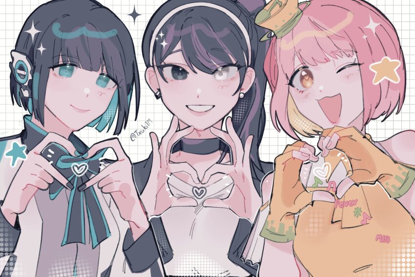 3girls android animification bare_shoulders black_hair black_ribbon blue_eyes blue_ribbon earrings fingerless_gloves fortissimo gloves grey_eyes hair_ornament hat headphones heart heart-shaped_pupils heart_hands highres is_(kamen_rider_01) jacket jewelry kamen_rider kamen_rider_01_(series) kamen_rider_ex-aid_(series) kamen_rider_geats_(series) long_hair long_sleeves mechanical_ears multiple_girls musical_note musical_note_hair_ornament neck_ribbon orange_eyes orange_gloves orange_headwear orange_shirt pink_hair ponytail poppi_pipopapo ribbon shirt short_hair signature sleeveless sleeves_past_wrists symbol-shaped_pupils tsumuri_(kamen_rider_geats) twitter_username txukitm white_eyes white_shirt