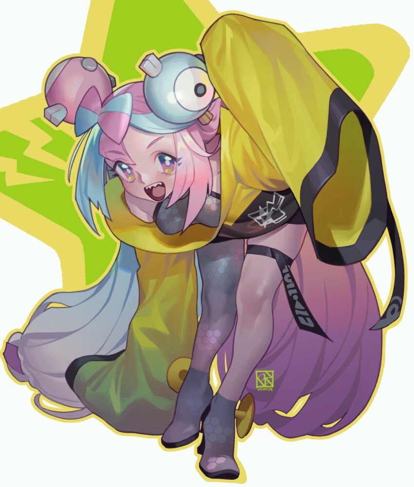 1girl highres iono_(pokemon) long_hair multicolored_hair nintendo pink_eyes pink_hair poch4n pokemon pokemon_sv sharp_teeth solo teeth two-tone_hair very_long_hair