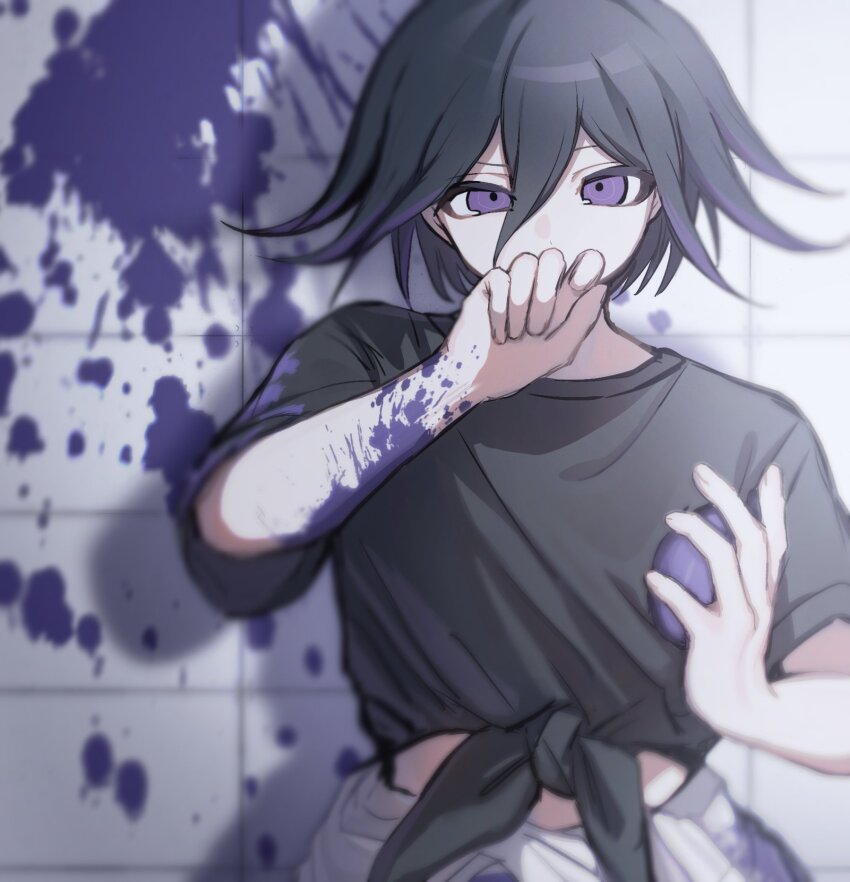 1boy alternate_costume black_hair black_shirt clothes_around_waist commentary covering_own_mouth danganronpa_(series) danganronpa_v3:_killing_harmony flipped_hair hair_between_eyes half-closed_eye hand_over_own_mouth highres looking_at_viewer male_focus oma_kokichi paint_splatter purple_eyes purple_hair shadow shirt short_hair solo symbol-only_commentary tago_(matsu0da) tile_wall tiles upper_body water_balloon