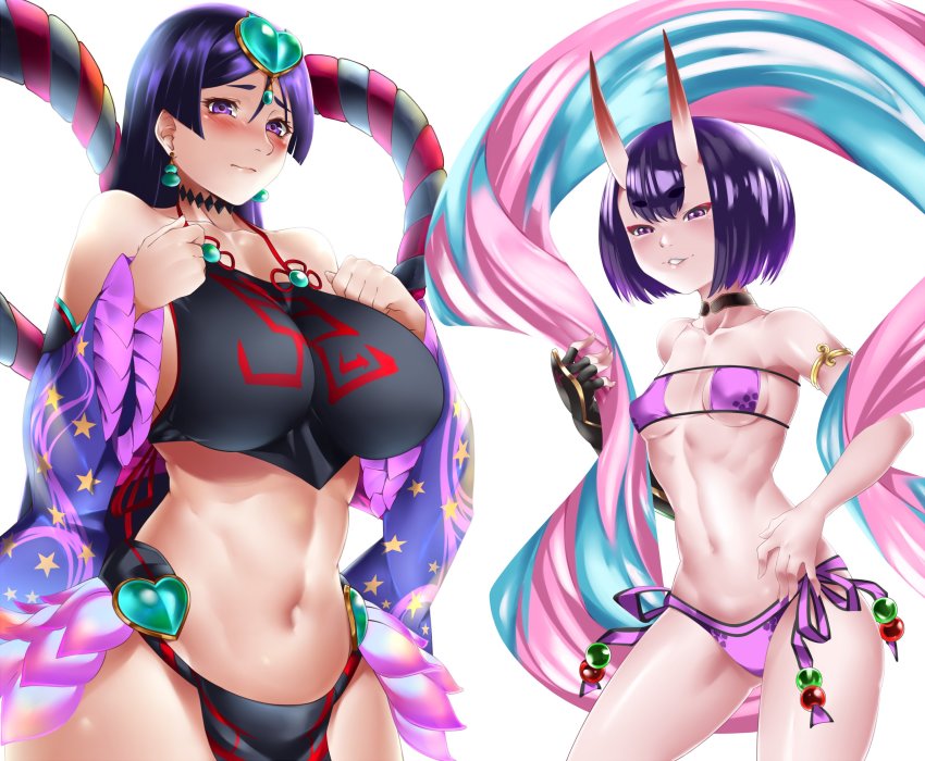 absurdres arm_guards bikini black_fundoshi breasts chinese_clothes cosplay costume_switch curvy dudou eyeliner eyepatch_bikini fate/grand_order fate_(series) forehead_jewel fundoshi headpiece highres horns japanese_clothes large_breasts long_hair low-tied_long_hair makeup minamoto_no_raikou_(fate) minamoto_no_raikou_(fate/grand_order) minamoto_no_raikou_(swimsuit_lancer)_(fate) minamoto_no_raikou_(swimsuit_lancer)_(fate)_(cosplay) minamoto_no_raikou_(swimsuit_lancer)_(third_ascension)_(fate) oni purple_bikini purple_eyes purple_hair revealing_clothes short_eyebrows shuten_douji_(fate) shuten_douji_(fate/grand_order) shuten_douji_(halloween_caster)_(fate) shuten_douji_(halloween_caster)_(fate)_(cosplay) side-tie_bikini_bottom silvamaria skin-covered_horns small_breasts strapless strapless_bikini swimsuit thai_commentary very_long_hair
