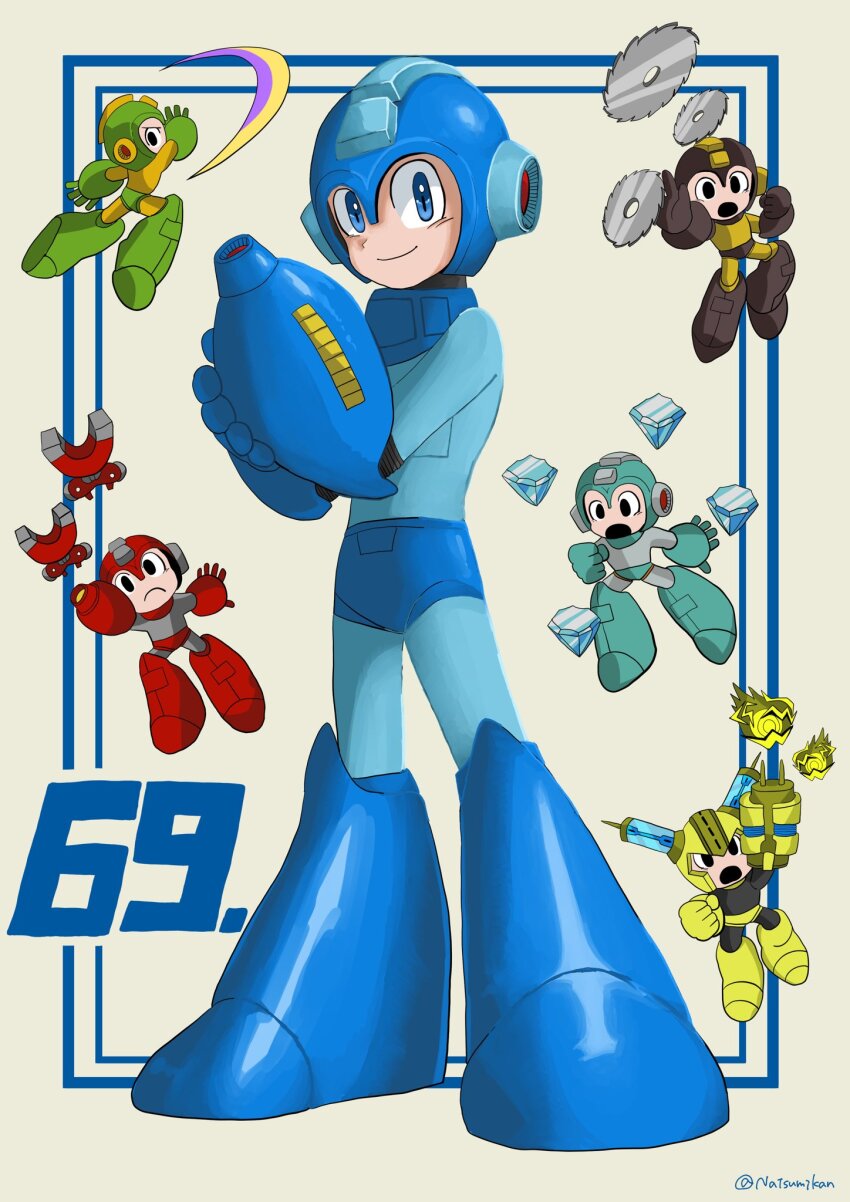1boy arm_cannon blue_bodysuit blue_eyes blue_helmet bodysuit dated electricity full_body fuse_man grey_background helmet highres mega_man_(character) mega_man_(classic) mega_man_(series) mega_man_day multiple_views natsumi_6021 number_pun saw simple_background weapon