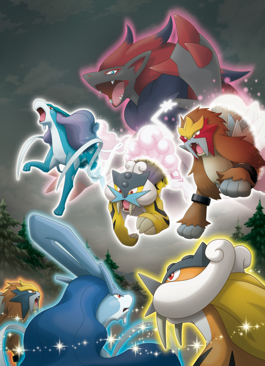 absurdres alternate_color blue_eyes claws cloud entei fangs gen_2_pokemon gen_5_pokemon glowing highres legendary_pokemon nintendo official_art open_mouth outdoors outer_glow pokemon pokemon_(creature) pokemon_bw pokemon_focus raikou red_eyes sharp_teeth shiny_and_normal shiny_pokemon sky sparkle sugimori_ken suicune teeth third-party_source tree zoroark