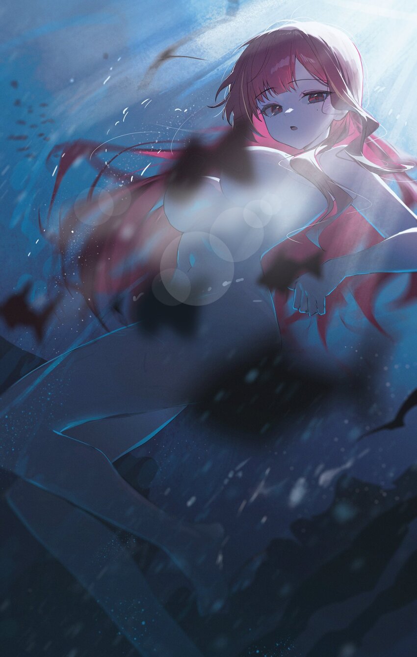 1girl akane_lize blonde_hair breasts completely_nude convenient_censoring fish grey_eyes highres huhi_(huhi_1211) large_breasts long_hair looking_at_viewer mole mole_under_eye multicolored_hair navel nude parted_lips red_hair solo stellive stomach streaked_hair underwater virtual_youtuber