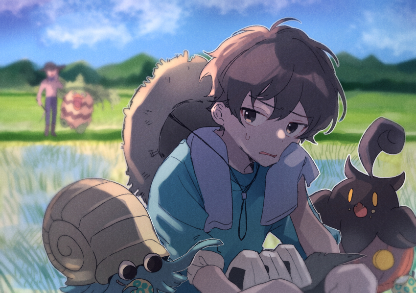 1boy 1other amamiya_hibiya aqua_shirt blue_pants blue_sky blurry blurry_background brown_eyes brown_hair brown_headwear child cloud commentary_request crops crossover field gen_1_pokemon gen_3_pokemon gen_6_pokemon hair_between_eyes hat hat_on_back highres holding_cloth kagerou_project looking_to_the_side ludicolo male_focus mokemoke_chan mountainous_horizon nintendo omanyte outdoors pants parted_lips pokemon pokemon_(creature) pumpkaboo rice_(plant) rice_paddy shirt short_hair short_sleeves sky solo_focus standing straw_hat sweat t-shirt upper_body wiping_sweat