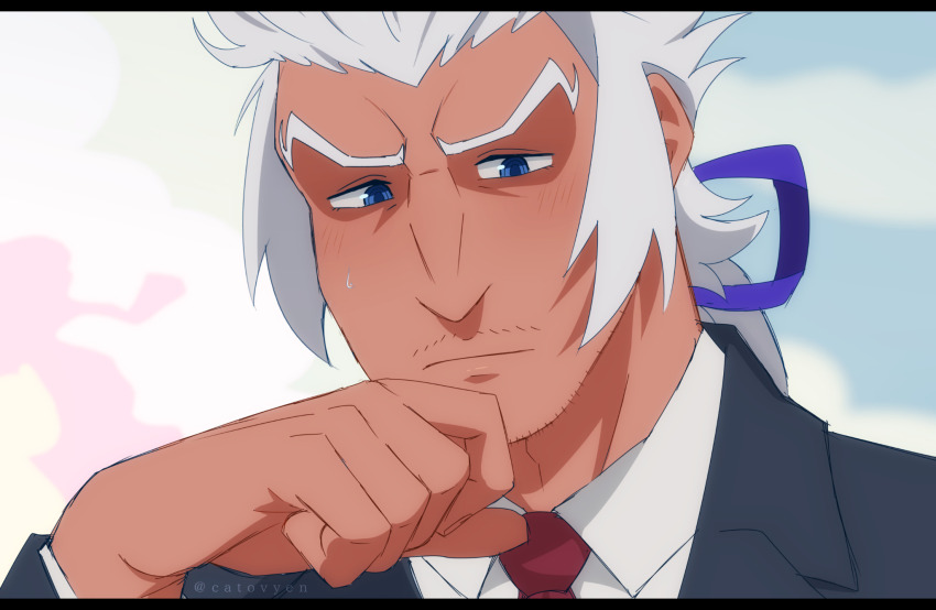 1boy black_jacket blue_eyes blue_ribbon catovyen classicaloid closed_mouth collared_shirt commentary dark-skinned_male dark_skin facial_hair goatee_stubble grey_hair highres jacket johann_sebastian_bach_(classicaloid) long_hair looking_at_viewer male_focus mature_male mustache_stubble necktie outdoors red_necktie ribbon shirt solo stubble symbol-only_commentary white_shirt