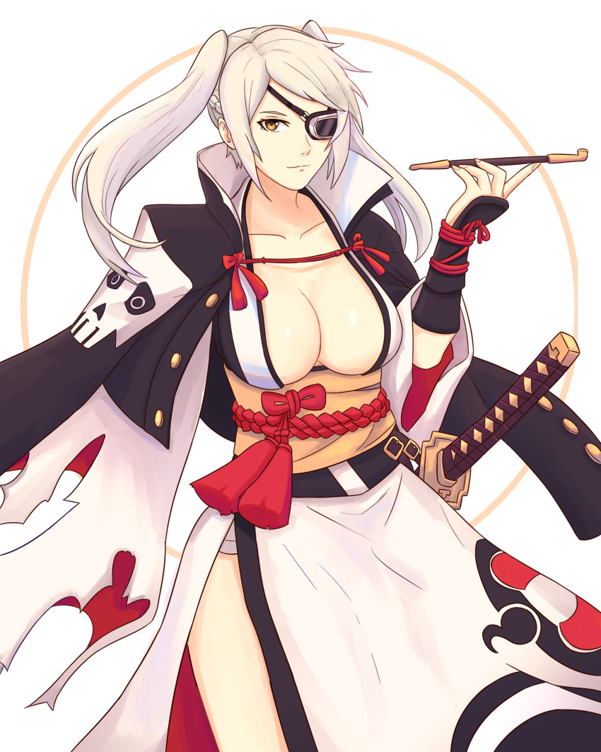 1girl absurdres alternate_costume baiken baiken_(cosplay) black_jacket black_kimono breasts brown_eyes cleavage collarbone cosplay eyepatch female_robin_(fire_emblem) fire_emblem fire_emblem_awakening gloves highres holding holding_smoking_pipe jacket jacket_on_shoulders japanese_clothes katana kimono large_breasts long_sleeves looking_at_viewer multicolored_kimono nintendo panties plunging_neckline samurai sash simple_background smoking_pipe solo sword thighs truejekart twintails underwear weapon white_hair white_kimono white_panties