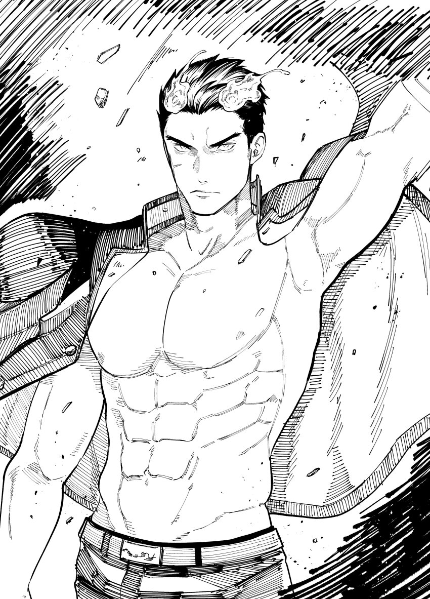 1boy abs absurdres alternate_pectoral_size arm_up bara bare_pectorals cowboy_shot cross_scar facial_scar fiery_horns forked_eyebrows gakuran greyscale hair_slicked_back hatching_(texture) highres horns itaru_(kidomh63) linear_hatching looking_at_viewer male_focus monochrome muscular muscular_male navel nipples no_shirt pectorals sakimori_toji scar scar_on_cheek scar_on_face school_uniform solo standing stomach thick_eyebrows tokyo_houkago_summoners
