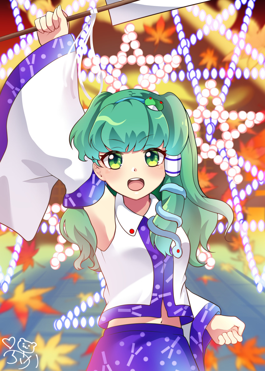 absurdres blue_skirt blush breasts collared_shirt commentary_request danmaku detached_sleeves frog_hair_ornament green_eyes green_hair hair_ornament highres kochiya_sanae long_hair long_sleeves looking_at_viewer midriff moriya_shrine mountain_of_faith navel open_mouth prk_prsk shirt single_sidelock skirt small_breasts snake_hair_ornament spell_card teeth touhou upper_teeth_only very_long_hair white_shirt white_sleeves wide_sleeves