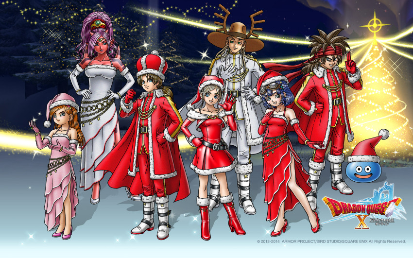 1other 3boys 4girls anlucea antlers artist_request blonde_hair blue_eyes blue_hair blunt_ends bob_cut boots brother_and_sister brown_hair christmas colored_skin copyright_logo dragon_quest dragon_quest_x dress earrings floating_clothes fur-trimmed_dress fur_trim gloves hairband hand_on_own_hip hat high_heel_boots high_heels highres horns jewelry kurouzu_(dq10) long_hair low_ponytail luchenda_(dq10) medium_hair mole mole_under_mouth multiple_boys multiple_girls official_art official_wallpaper orange_hair pink_dress pink_gloves pink_hairband pink_shoes pointy_ears ponytail purple_hair red_dress red_footwear red_gloves red_skin reindeer_antlers ring rizerotta_(dq10) santa_costume santa_dress santa_hat seraphy_(dq10) shoes short_hair shoulder_spikes siblings slime_(dragon_quest) sphere_earrings spiked_hair spikes third-party_source touma_(dq10) white_dress white_gloves zankurone