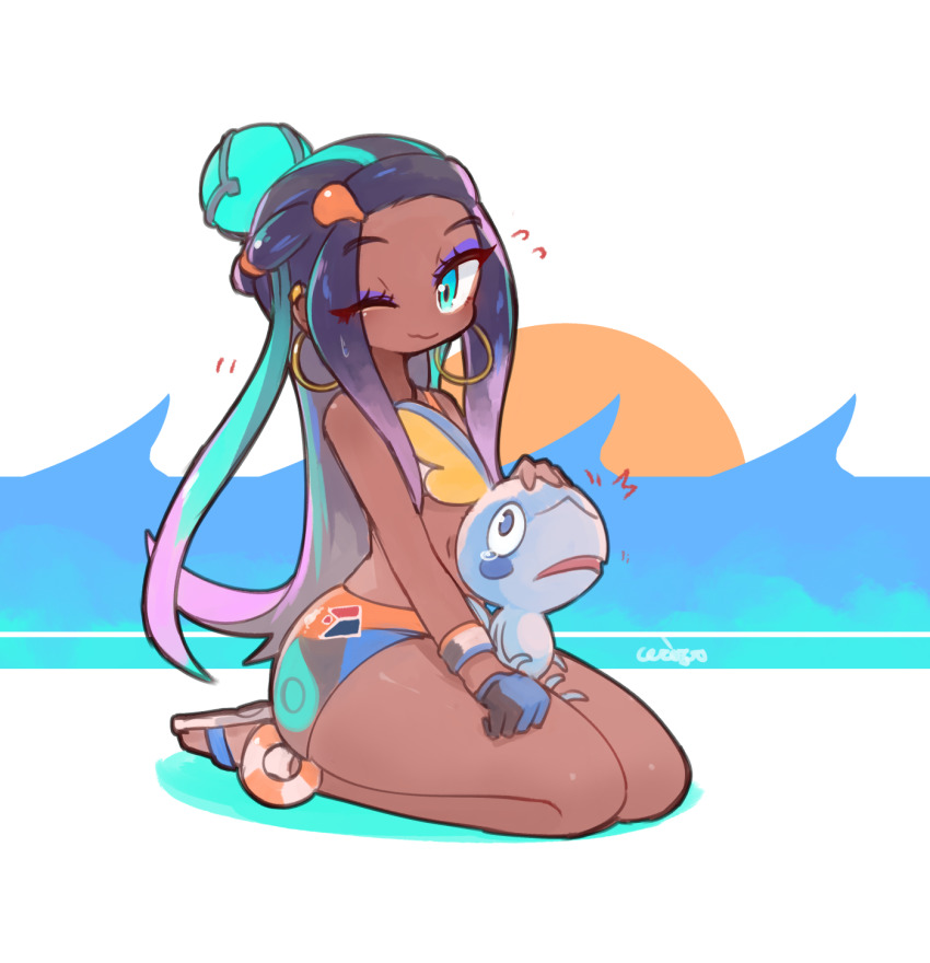 1girl :3 aqua_eyes aqua_hair artist_name bare_shoulders belly_chain bikini ceroro commentary dark-skinned_female dark_skin earrings eyes_visible_through_hair eyeshadow gen_8_pokemon gloves gym_leader hair_bun hair_ornament heart highres hoop_earrings jewelry long_hair makeup multicolored_hair navel nessa_(pokemon) nintendo one_eye_closed pokemon pokemon_(creature) pokemon_swsh purple_eyeshadow purple_hair sandals seiza shiny_skin sidelocks signature single_glove single_hair_bun sitting smile sobble solo_focus sun swimsuit tankini thighs two-tone_hair very_dark_skin water waves white_background