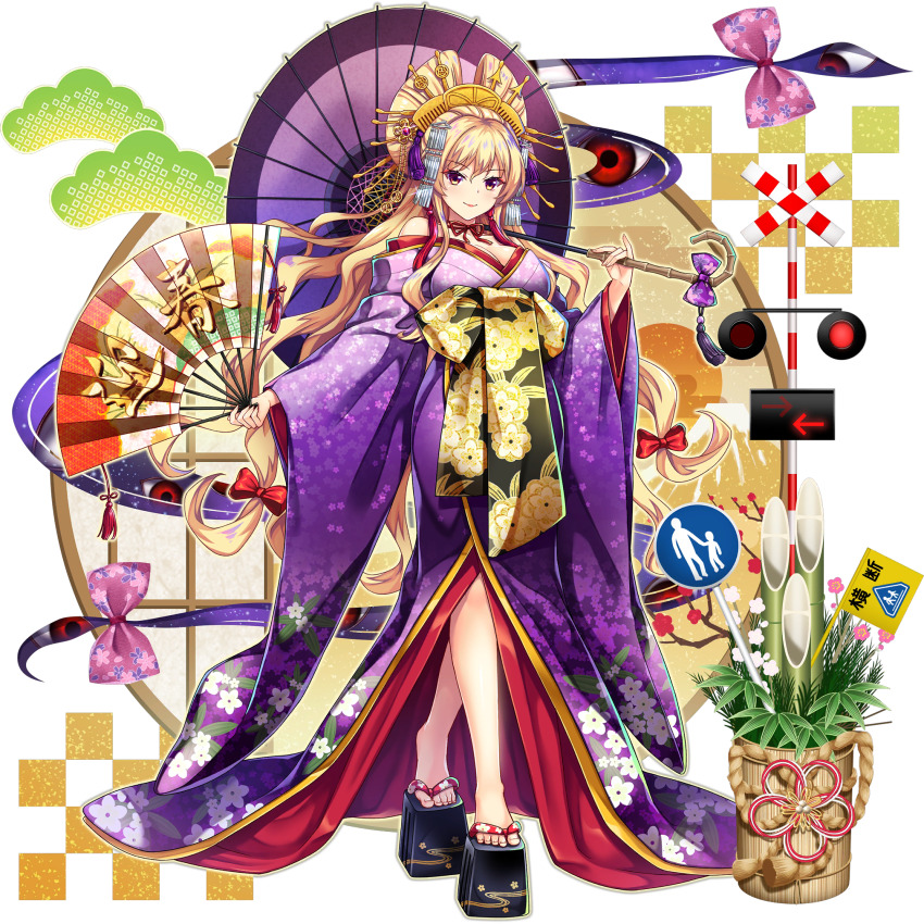 1girl alternate_costume bare_shoulders black_footwear blonde_hair bow breasts cleavage full_body furisode game_cg gap_(touhou) gradient_clothes gradient_kimono hair_bow hair_ornament hand_fan highres holding holding_fan holding_umbrella japanese_clothes kadomatsu kanzashi kimono koma-geta long_hair long_sleeves looking_at_viewer low-tied_long_hair manaita_obi new_year nihongami obi official_art oil-paper_umbrella oiran pink_bow platform_clogs purple_kimono red_bow road_sign rotte_(1109) sash sign solo standing third-party_source touhou touhou_lostword transparent_background umbrella wide_sleeves yakumo_yukari yakumo_yukari_(road_safety_gap_youkai)