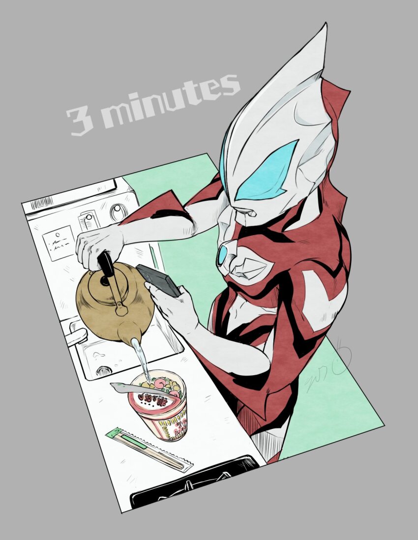 alien black_skin blue_eyes cellphone chopsticks color_timer colored_skin commentary cup_ramen english_text faucet grey_background highres holding holding_kettle holding_phone indoors kettle majiro_(lion_saniwa) male_focus multicolored_skin no_pupils phone pouring red_skin refrigerator signature silver_skin simple_background sink smartphone solo standing stove tokusatsu trait_connection ultra_series ultraman_geed ultraman_geed_(series)