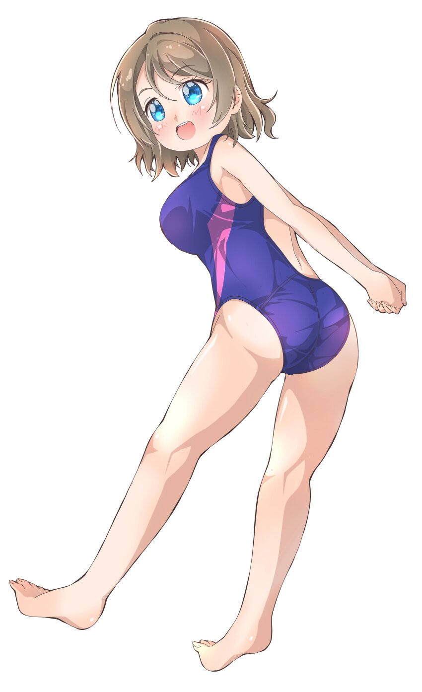 1girl absurdres ass blue_eyes breasts brown_hair competition_swimsuit feet highres love_live! love_live!_sunshine!! one-piece_swimsuit short_hair simple_background solo swimsuit takecho thighs watanabe_you white_background