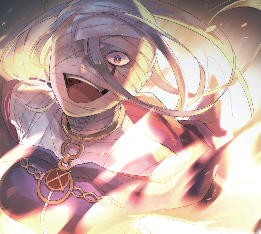 1girl :d bad_id bad_pixiv_id bandages blood bloody_tears fang fire harusabin jewelry long_hair necklace one_eye_covered open_mouth re:zero_kara_hajimeru_isekai_seikatsu robe silver_hair sirius_(re:zero) smile solo
