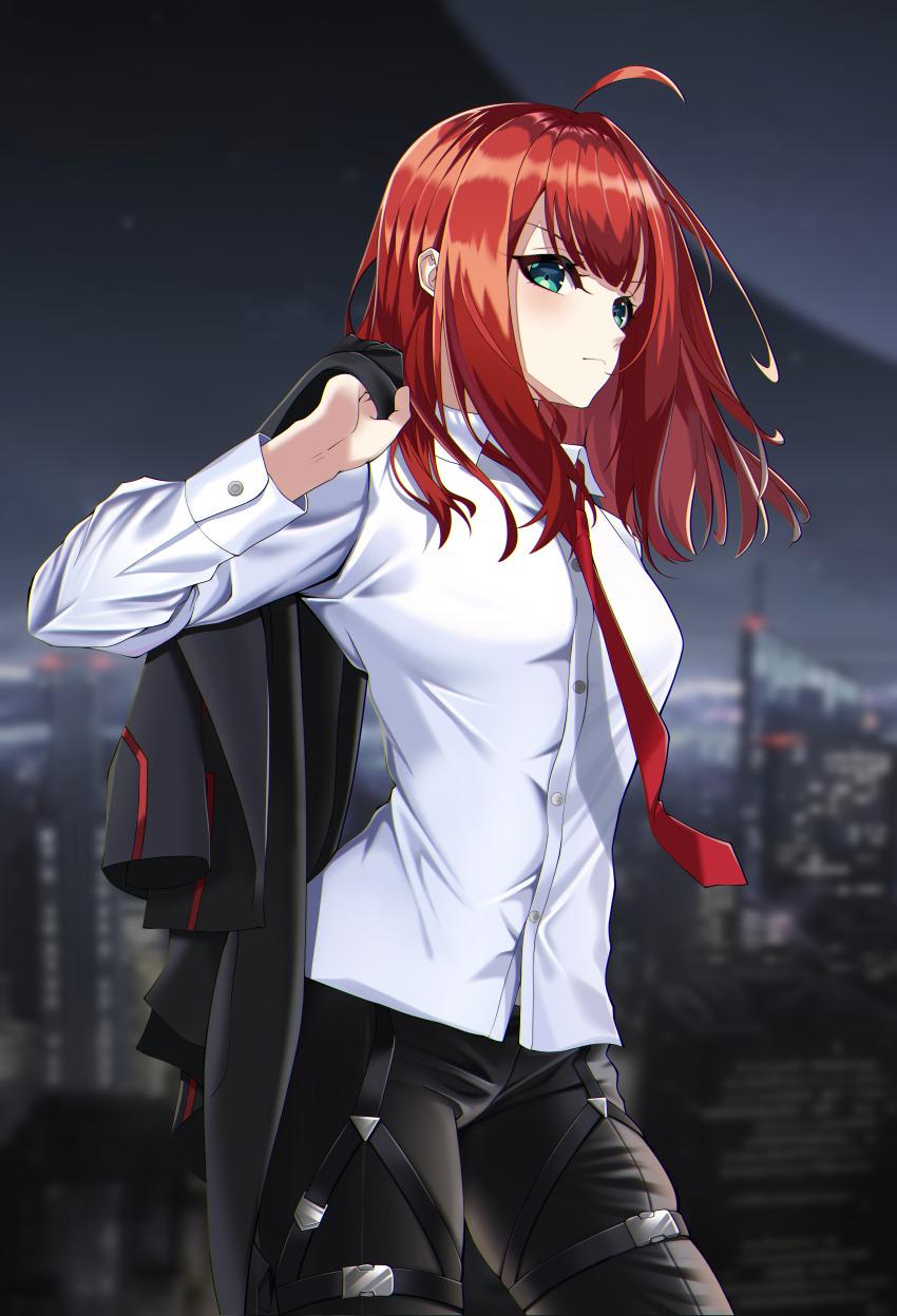 1girl absurdres black_jacket black_pants city closed_mouth counter:side female_focus green_eyes highres holding holding_unworn_clothes jacket jacket_on_shoulders long_hair lycoris_(counter:side) necktie pants red_hair red_necktie shirt solo standing tagme wbs white_shirt