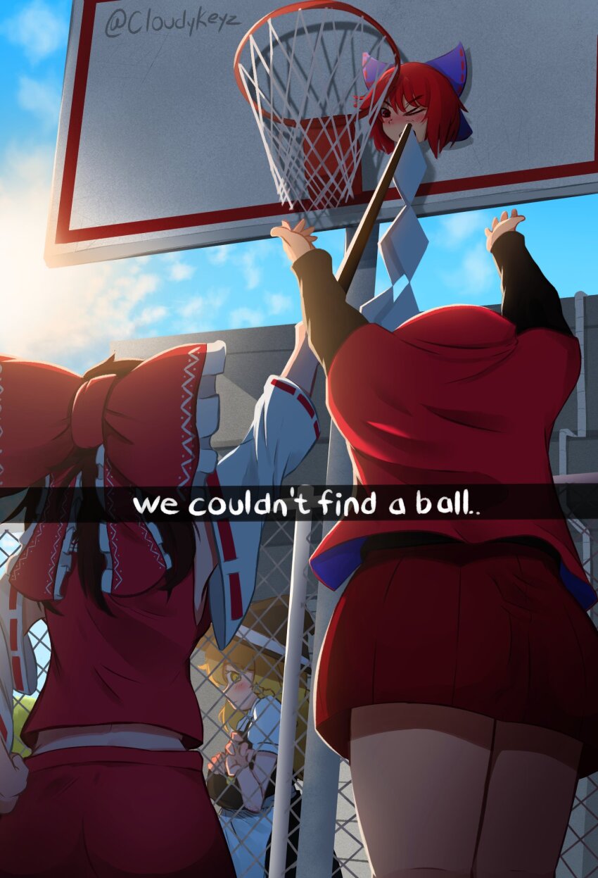 3girls apron basketball_hoop blonde_hair blush bow brown_hair cape chain-link_fence cloudykeyz detached_sleeves disembodied_head english_text fence gohei hair_bow hakurei_reimu hand_on_own_hip hat highres kirisame_marisa long_hair medium_hair midriff_peek multiple_girls one_eye_closed purple_bow reaching red_bow red_eyes red_hair red_shirt red_skirt sekibanki shirt short_hair skirt stuck sunlight touhou twitter_username witch_hat yellow_eyes