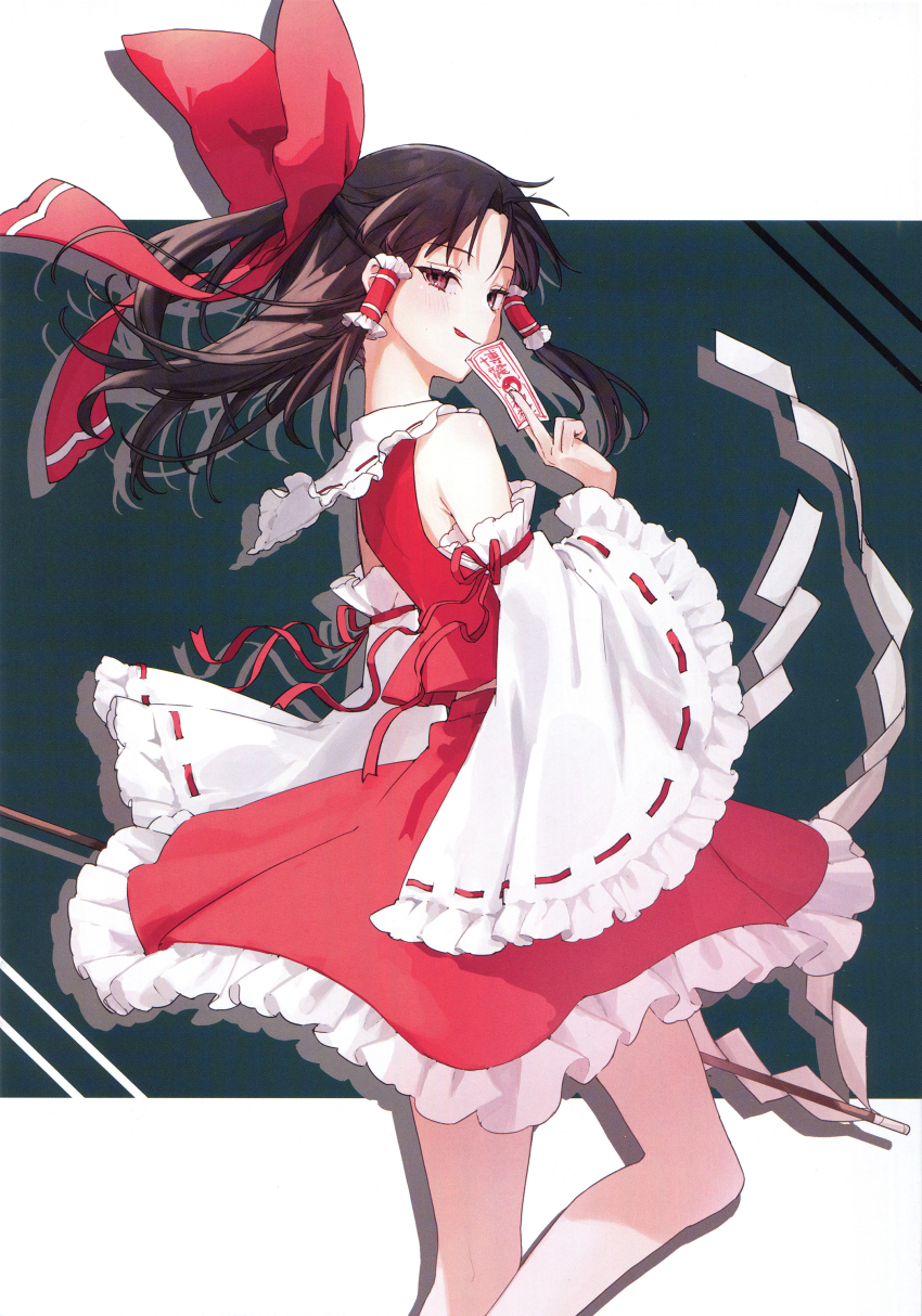 1girl :p absurdres between_fingers black_hair bow cowboy_shot detached_sleeves frilled_hair_tubes frilled_skirt frills gohei green_background hair_bow hair_tubes hakurei_reimu highres hiwokawa holding holding_gohei holding_ofuda long_hair long_sleeves looking_at_viewer red_bow red_eyes red_ribbon red_shirt red_skirt ribbon ribbon-trimmed_sleeves ribbon_trim scan shirt skirt sleeveless sleeveless_shirt solo third-party_source tongue tongue_out touhou white_sleeves wide_sleeves