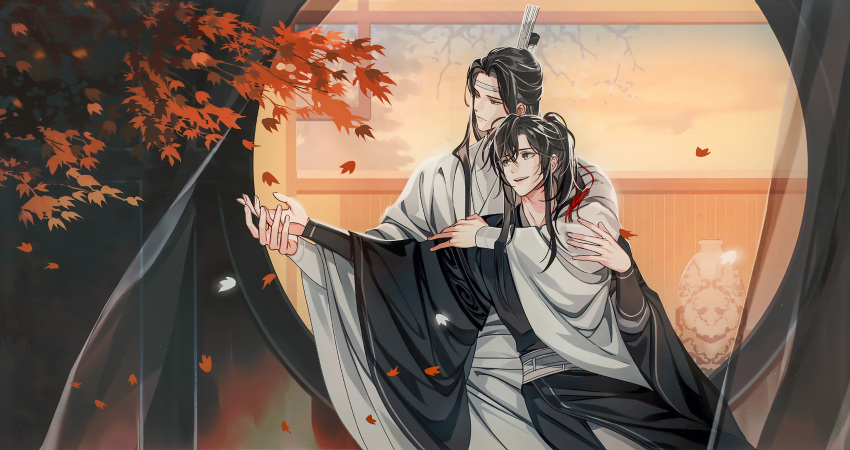 2boys autumn_leaves bishounen black_hair black_hanfu chinese_clothes closed_mouth couple curtains falling_leaves gearous grey_eyes hair_ornament hair_ribbon hanfu headband highres holding_hands hug hug_from_behind indoors lan_wangji leaf long_hair long_sleeves looking_to_the_side male_focus maple_leaf modao_zushi multiple_boys official_art open_mouth outstretched_arm ponytail red_ribbon ribbon robe round_window sidelocks sitting sitting_on_lap sitting_on_person smile tassel tassel_hair_ornament third-party_source topknot tree upper_body vase wei_wuxian white_hanfu white_headband wide_sleeves window xiao_guan_(headdress) yaoi yellow_eyes